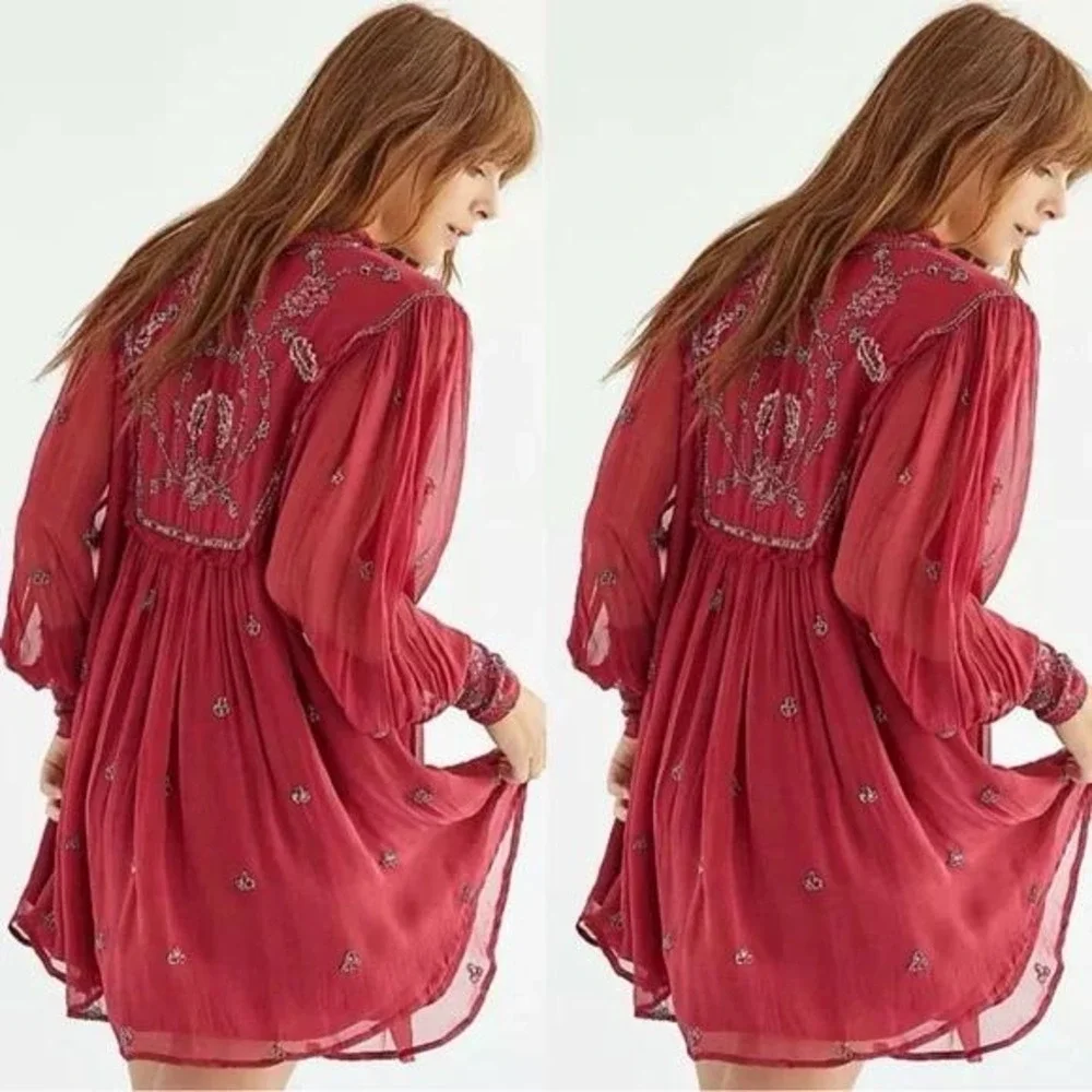 Free People Bali Golden Sun Embellished Beaded Mini Dress Festival Fairy Hippie